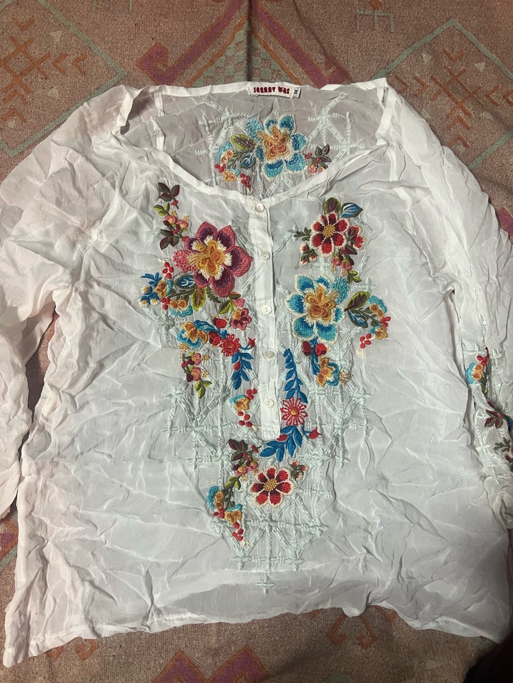 Johnny Was White Tunic with Multicolor Floral Embroidery